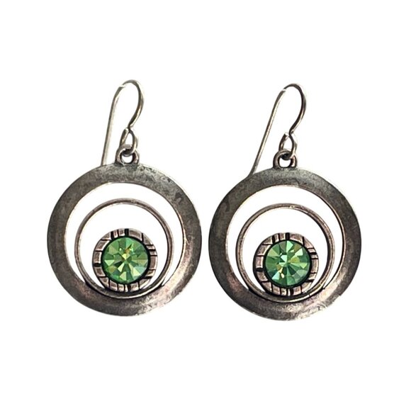 Vintage Patricia Locke 04 Sterling Silver & Green Gemstone Circular Dangle Earri